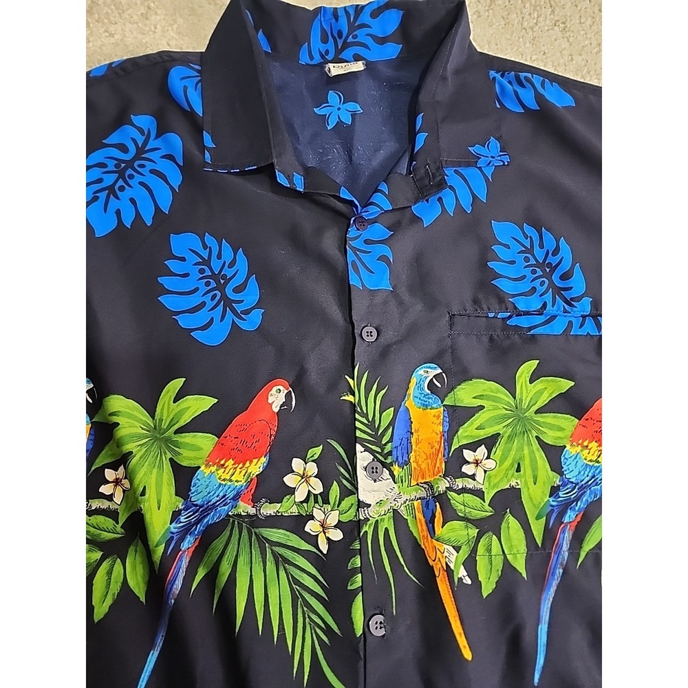 Rina Hawaiian Shirt Mens XXL Black Blue Parrot Macaw Tropical Border Prnt Button